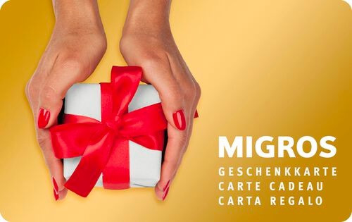 Migros Geschenkkarte Gold mit kleinem weissen Packet und roter Schlaufe
