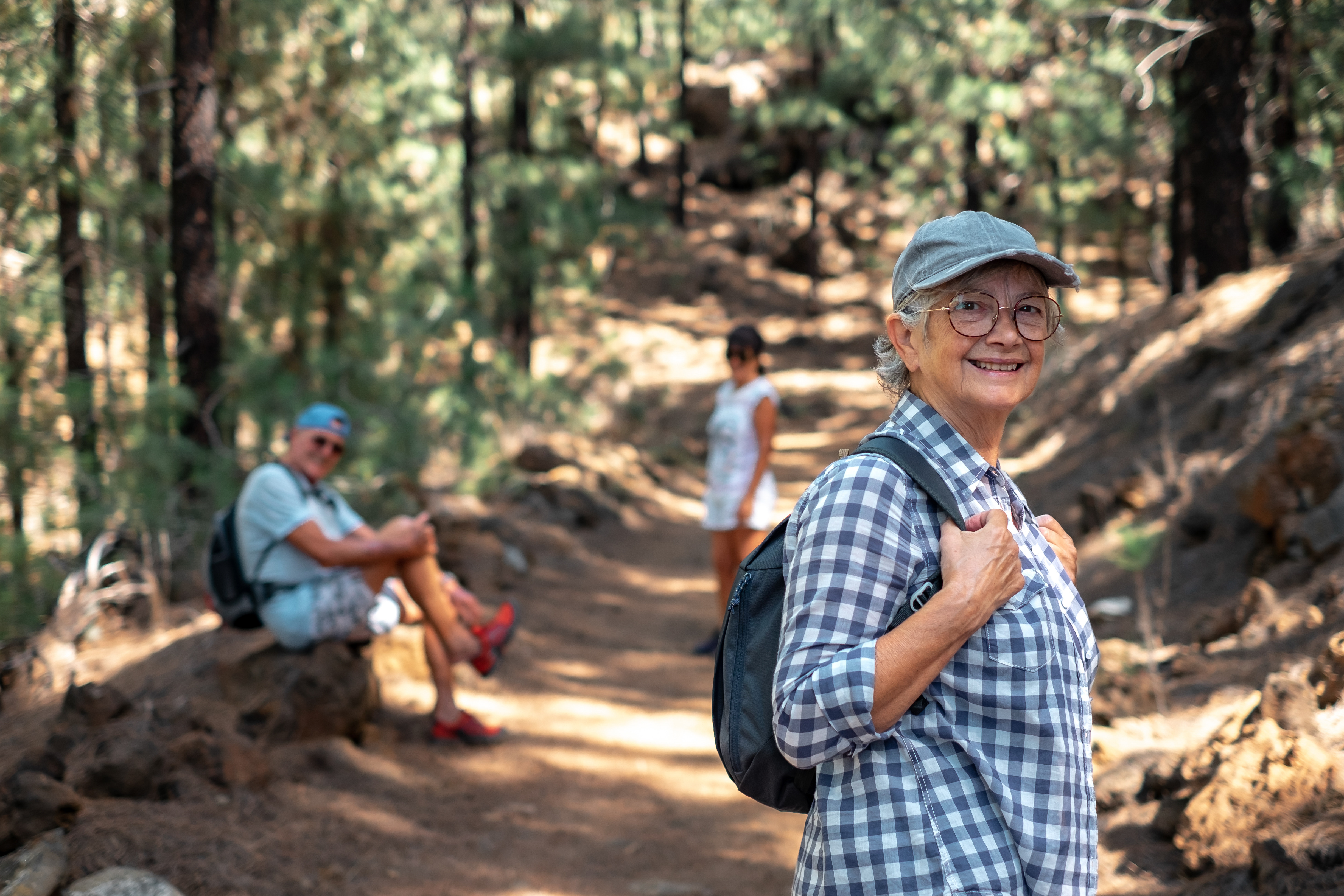 Drei Personen an einem sommerlichen Tag beim Wandern im Wald